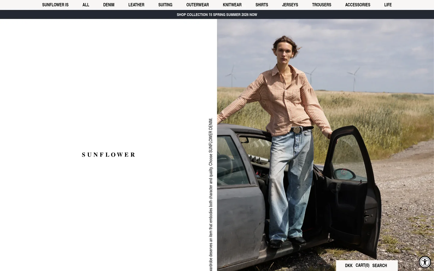 The desktop homepage features a minimalist design with a large hero image on the right showing a man in a striped shirt and denim leaning against a car in a field. The left side is white space containing the 'SUNFLOWER' logo and vertical text. A navigation bar at the top lists categories like Denim, Leather, and Outerwear, while a bottom bar includes cart and search options.