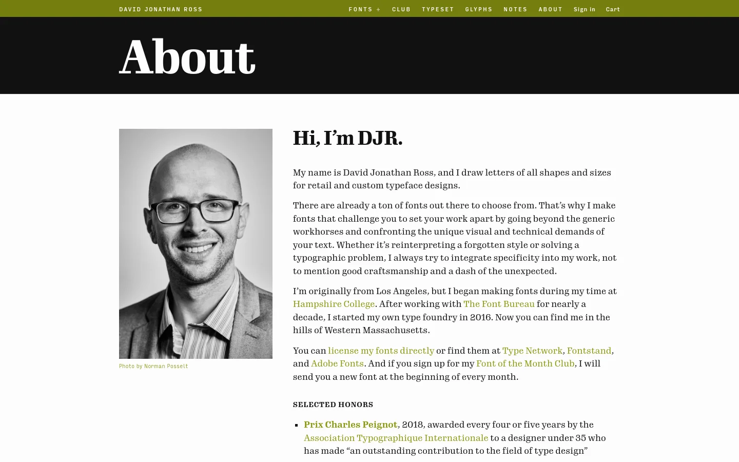 The About page features a large white 'About' headline on a black background at the top, above a lime green navigation bar. Below, a black and white portrait of David Jonathan Ross is positioned to the left of his biographical text, which is set against a white background. The layout is clean and minimalist with high-contrast typography.