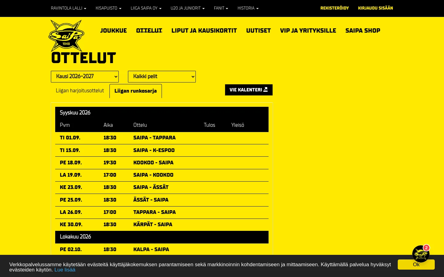 The desktop page for SaiPa's match schedule features a bright yellow background with a black header and footer. A large 'OTTELUT' headline is followed by dropdown menus for season and game type, a button to export the calendar, and a structured list of upcoming matches organized by month in a black and yellow table.