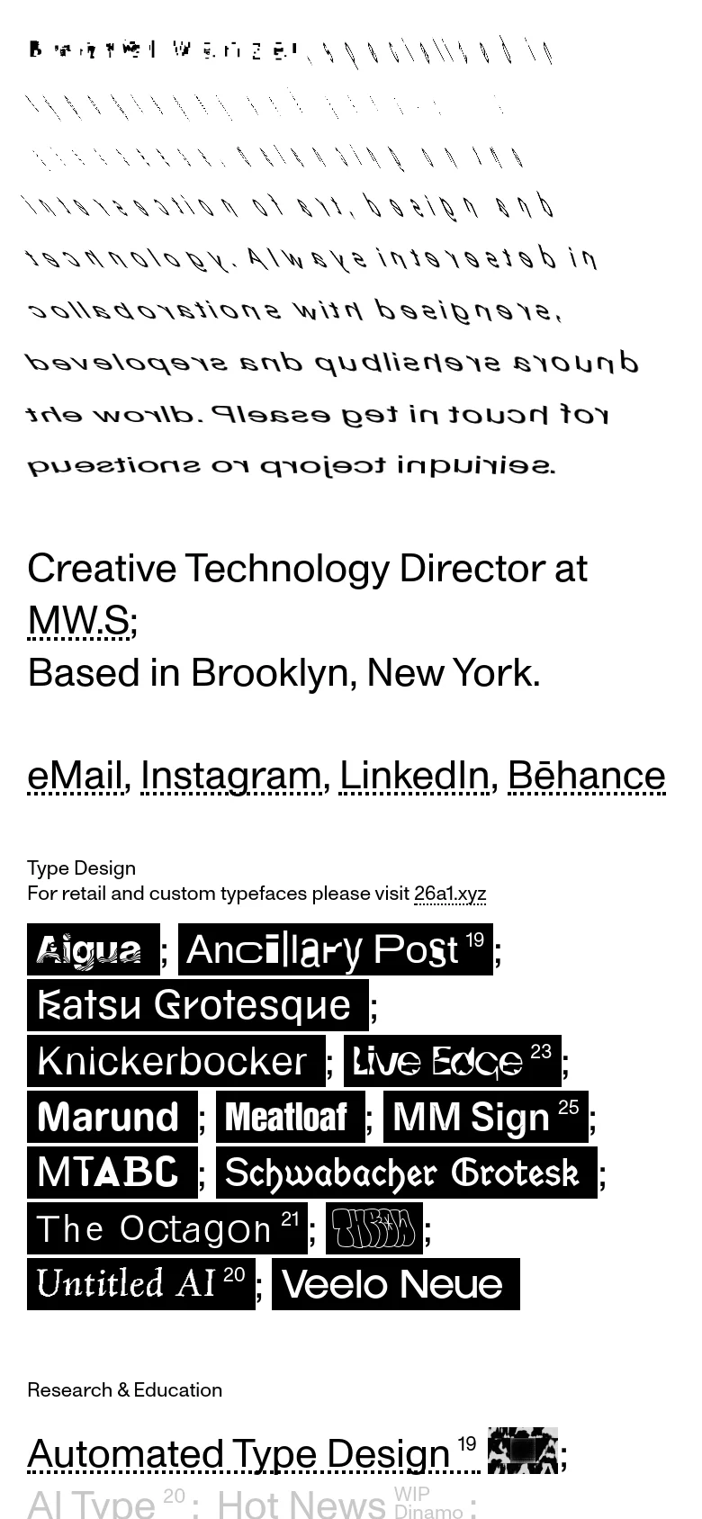 The mobile version maintains the minimalist, text-based aesthetic but transitions to a single-column vertical stack. The text is larger for readability on small screens, and the project lists are simplified into a continuous vertical flow, removing the multi-column layout seen on desktop.
