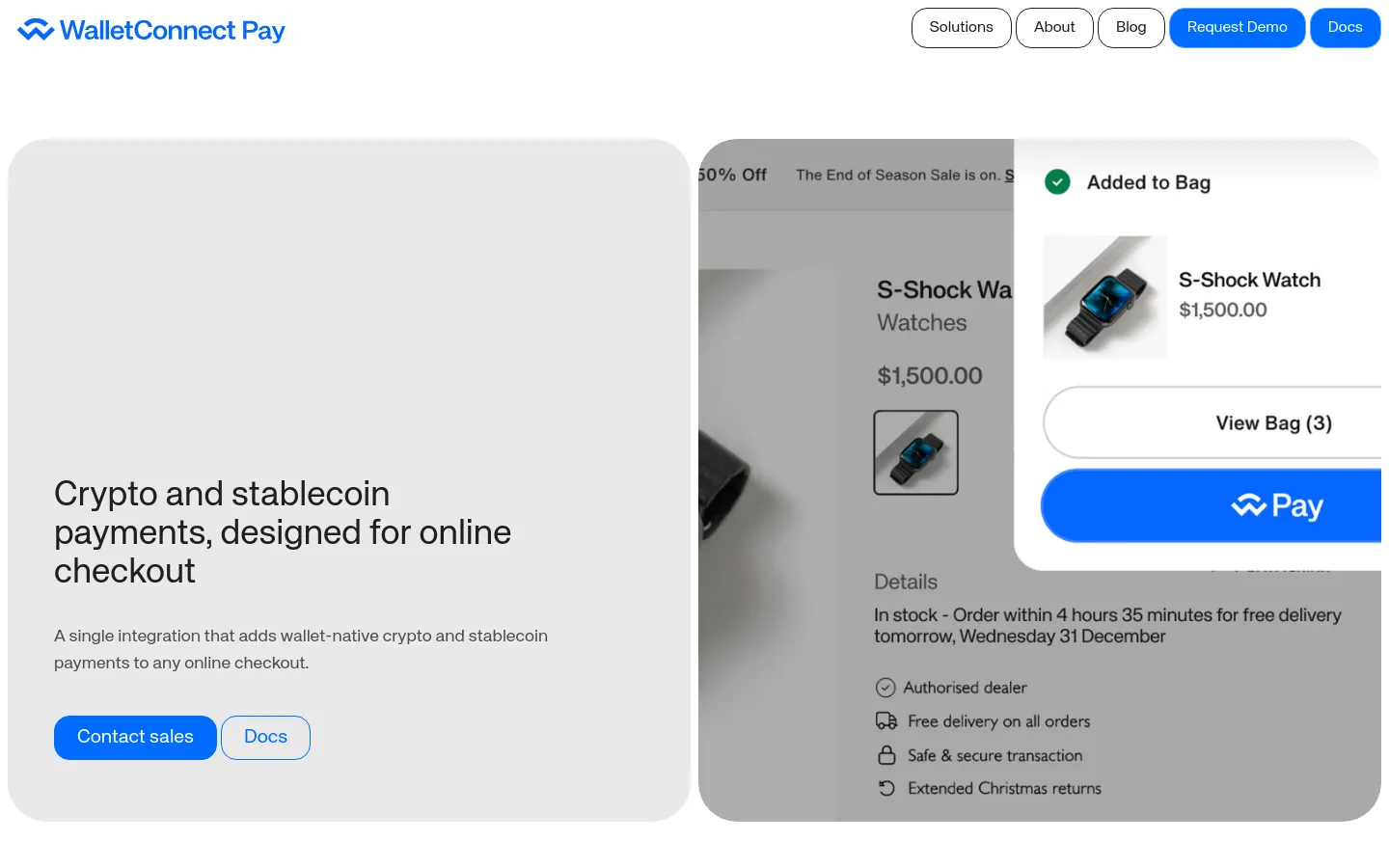 The desktop landing page features a clean, minimalist design with a light grey background. A large headline reads 'Crypto and stablecoin payments, designed for online checkout' next to two primary buttons, 'Contact sales' and 'Docs', with a background image showing a mock e-commerce checkout interface for an S-Shock Watch.