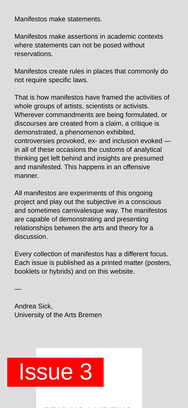 The mobile version presents a single-column layout optimized for vertical scrolling. The introductory text spans the full width of the screen, followed by the publication issues which are stacked vertically, with the large red 'Issue' labels appearing prominently above the content.