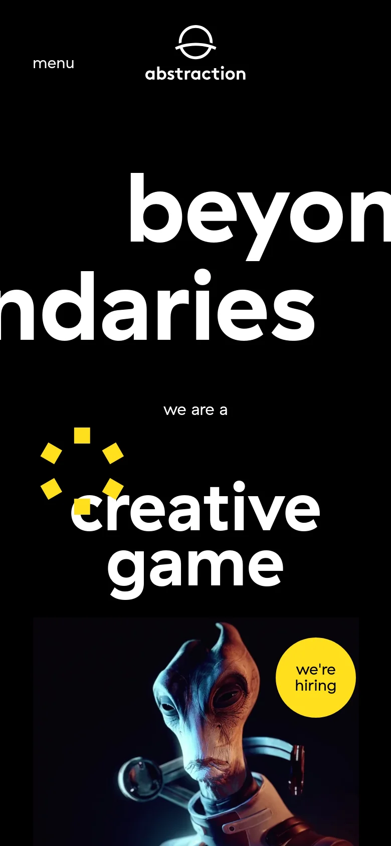 The mobile version maintains the black background and bold white typography, though the text is scaled and reflowed to fit the narrow screen. The 'abstraction' logo is centered at the top, with a 'menu' link on the left, and a yellow circular 'we're hiring' button overlaid on a character image at the bottom.