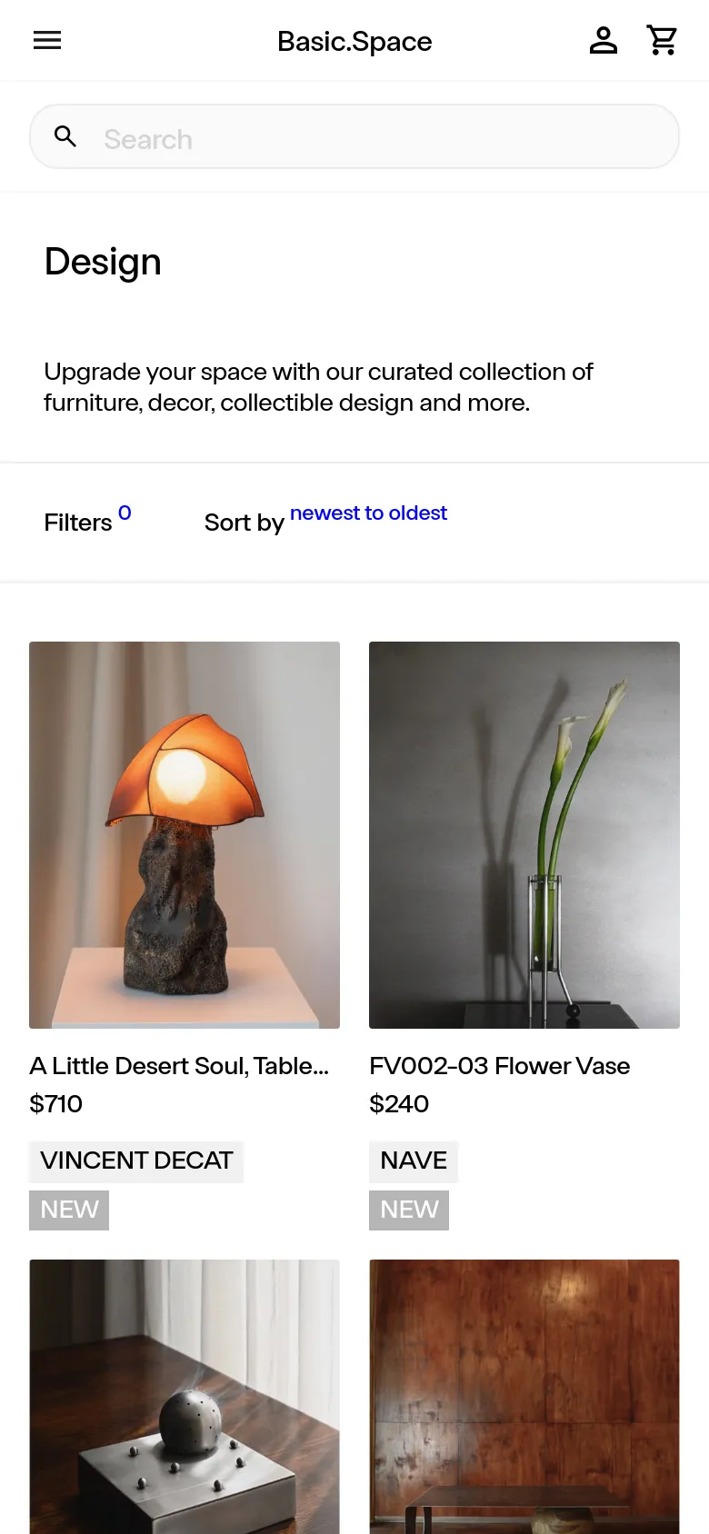 The mobile version presents a simplified, single-column layout optimized for vertical scrolling. The top navigation is replaced by a hamburger menu, a search bar, and user account/cart icons. The product grid shifts to a narrower view, showing larger product images with titles, prices, and 'NEW' badges stacked vertically.