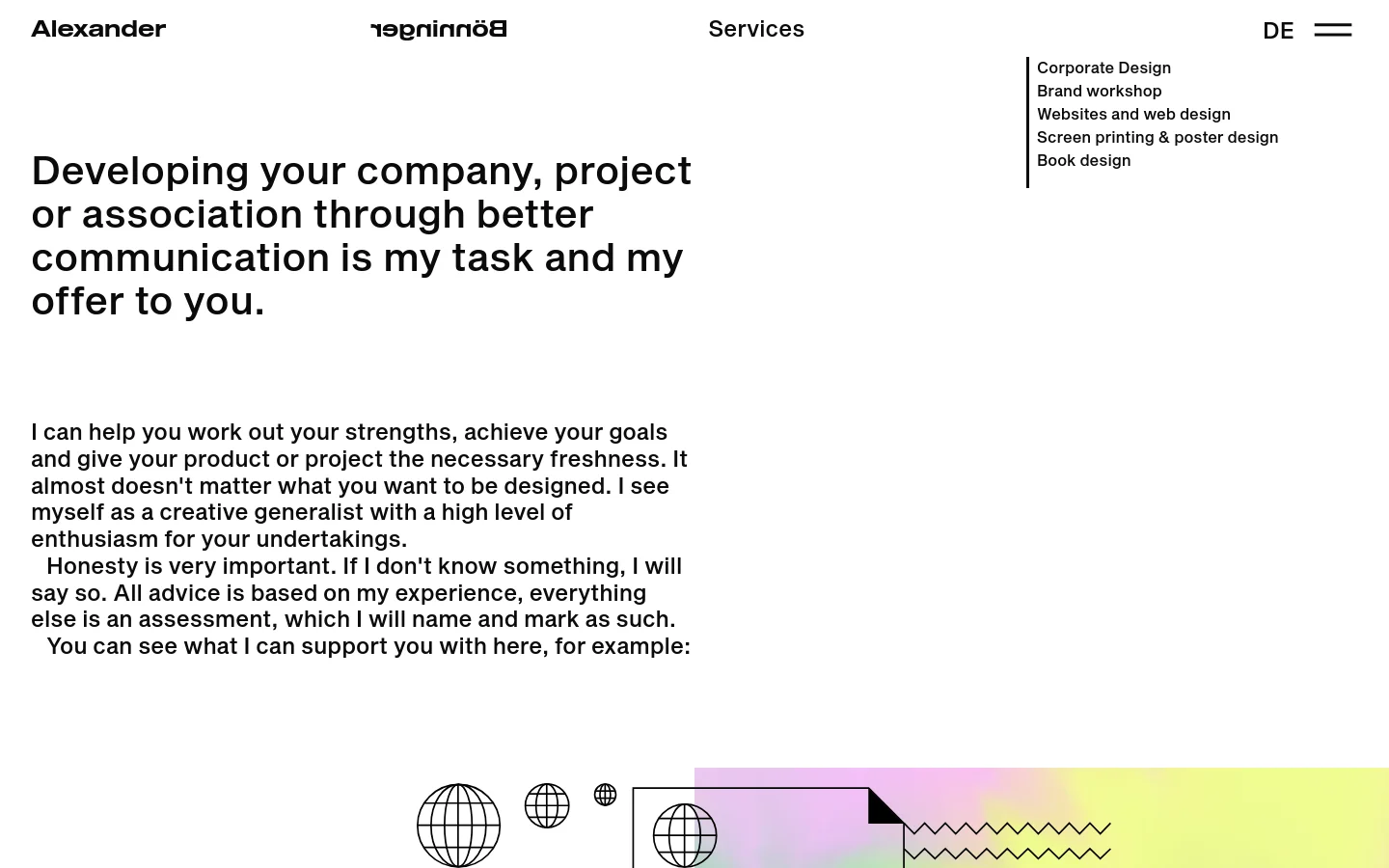 The desktop page features a minimalist white layout with a large, bold headline about developing companies through communication. A navigation menu on the right lists services like Corporate Design and Brand workshop, while the main body text is left-aligned with ample whitespace. Abstract geometric line art and colorful gradients appear at the bottom of the viewport.