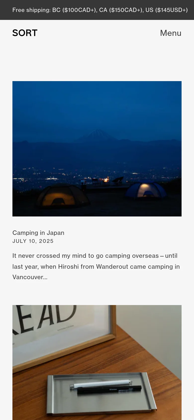 The mobile version simplifies the layout into a single-column vertical scroll. The header is condensed, replacing the full navigation menu with a 'Menu' text button and the 'SORT' logo. Blog posts are stacked vertically, showing the image, title, date, and excerpt in a continuous downward flow.
