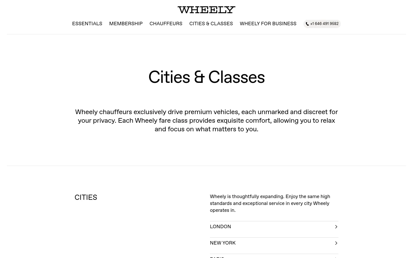 The desktop page features a clean, white background with the Wheely logo at the top center and a navigation menu below it. A large headline reads 'Cities & Classes' above a centered paragraph of text, followed by a 'CITIES' section with a list of cities like London and New York, each accompanied by a right-pointing arrow.
