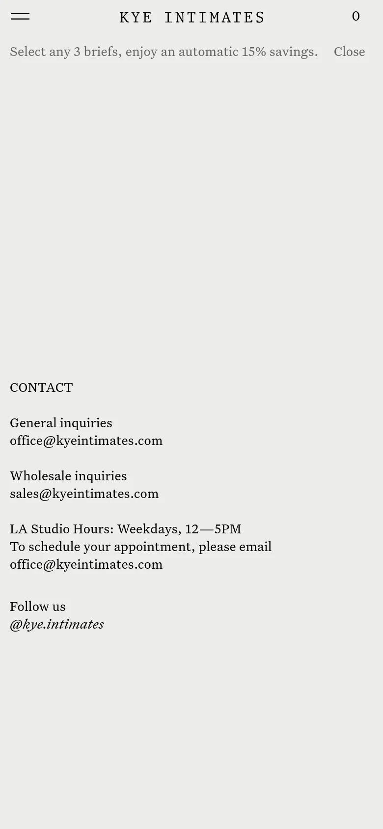 The mobile version presents a single-column, centered layout on a light gray background. The contact details, studio hours, and Instagram handle are stacked vertically under a large 'CONTACT' heading. The top navigation is replaced by a hamburger menu icon and the brand name 'KYE INTIMATES'.