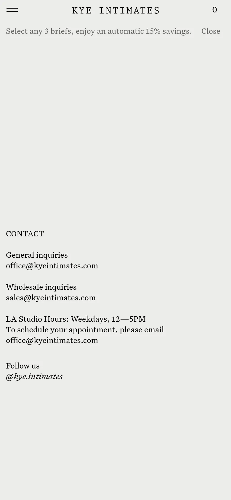 The mobile version presents a single-column, centered layout on a light gray background. The contact details, studio hours, and Instagram handle are stacked vertically under a large 'CONTACT' heading. The top navigation is replaced by a hamburger menu icon and the brand name 'KYE INTIMATES'.