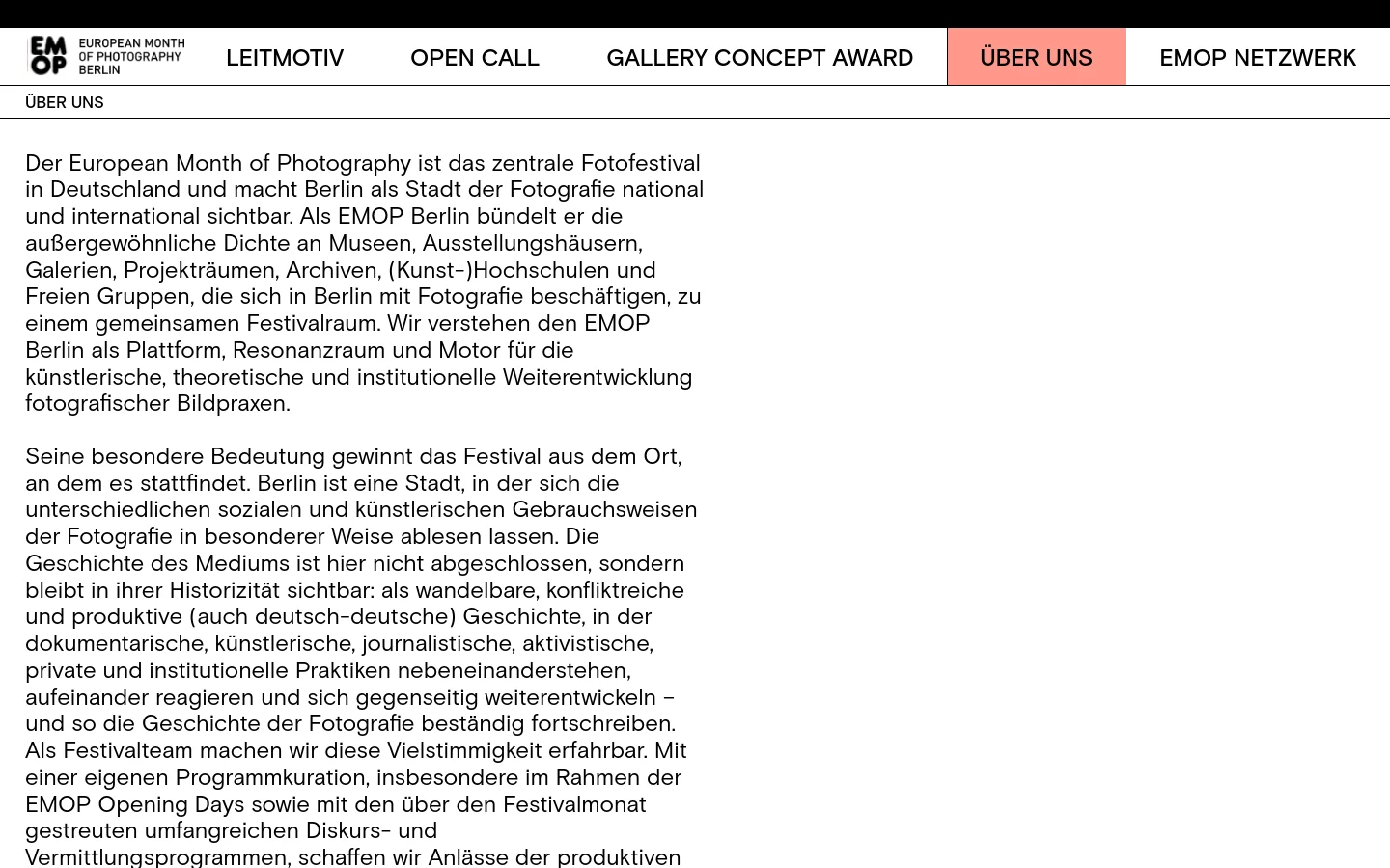 The desktop page features a clean white background with a top navigation bar containing the EMOP Berlin logo and links like 'Leitmotiv' and 'Über Uns'. The main content area displays the headline 'Über Uns' followed by several paragraphs of German text in a black sans-serif font.