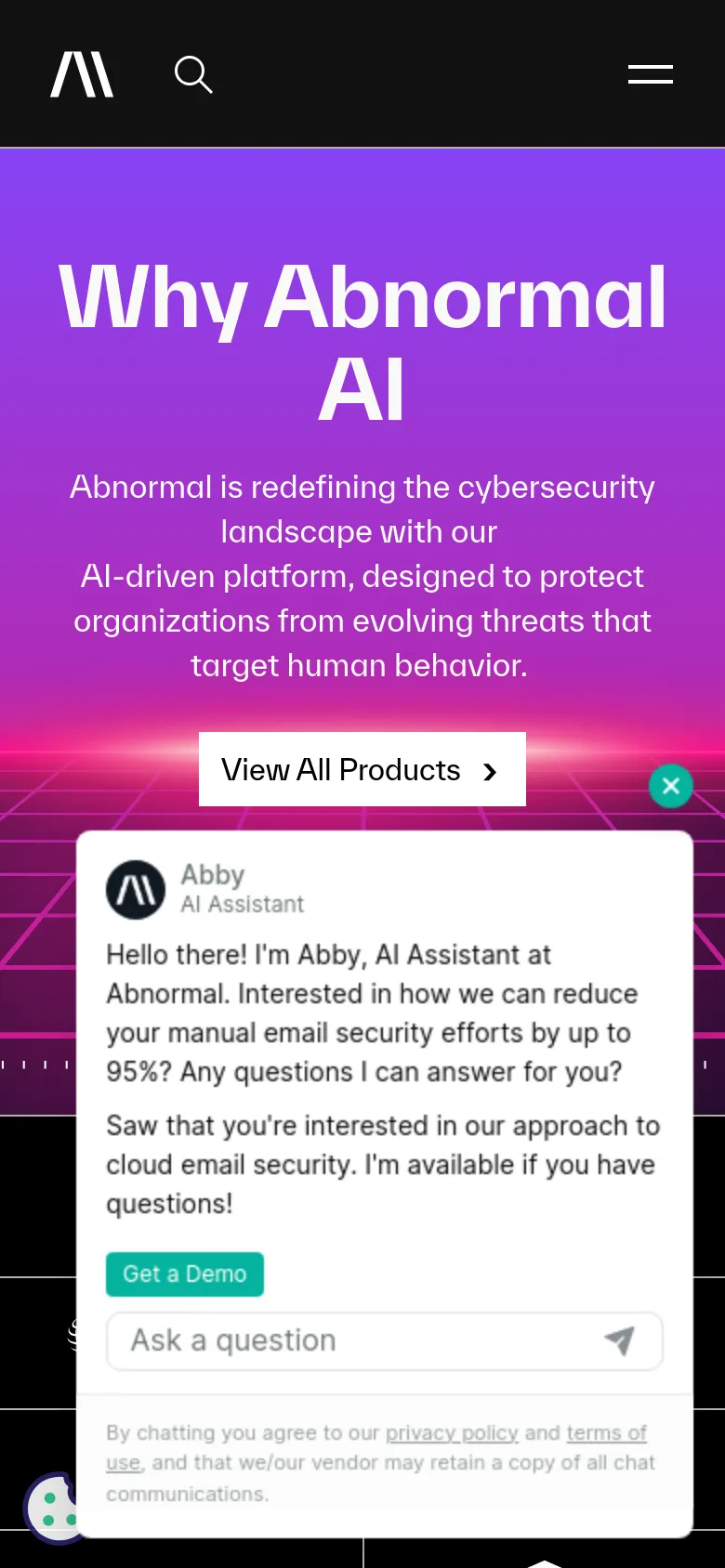 The mobile version simplifies the layout, focusing on the large 'Why Abnormal AI' headline against a vibrant purple gradient. The top navigation is condensed into a hamburger menu icon, and a prominent chat widget featuring 'Abby, AI Assistant' appears at the bottom of the screen. The content remains vertically stacked for easy scrolling on a smaller display.