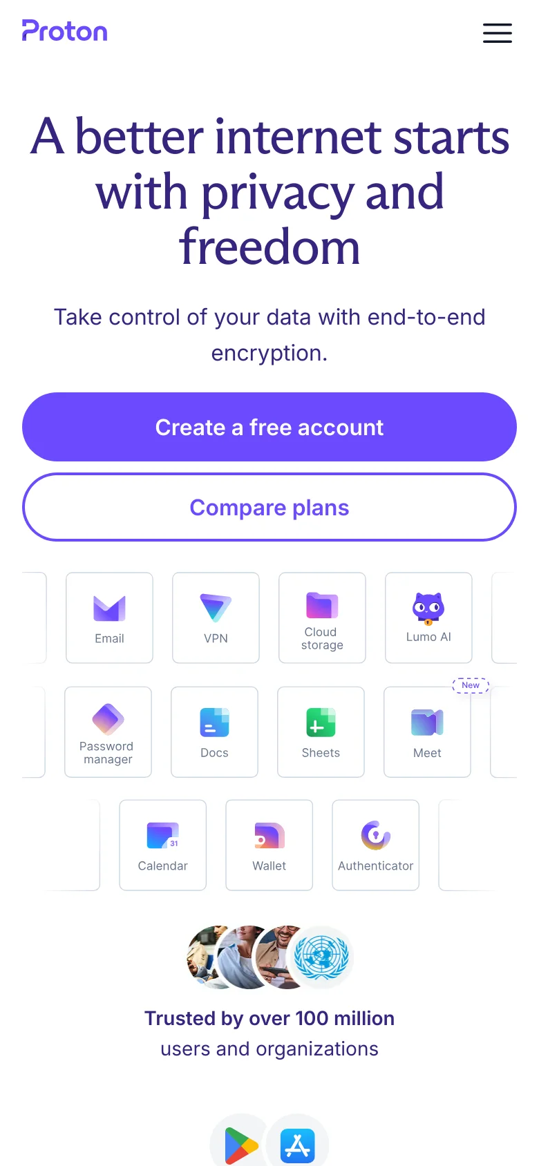 The mobile version presents a vertically stacked layout optimized for small screens. The main headline and call-to-action buttons are centered at the top, followed by a condensed grid of service icons that wrap to fit the width. The navigation menu is collapsed into a hamburger icon in the top right, and the trust badges are centered at the bottom of the view.
