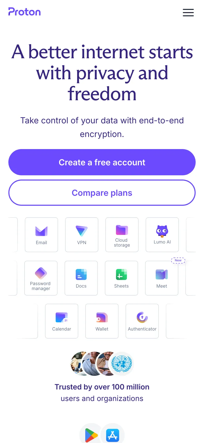 The mobile version presents a vertically stacked layout optimized for small screens. The main headline and call-to-action buttons are centered at the top, followed by a condensed grid of service icons that wrap to fit the width. The navigation menu is collapsed into a hamburger icon in the top right, and the trust badges are centered at the bottom of the view.