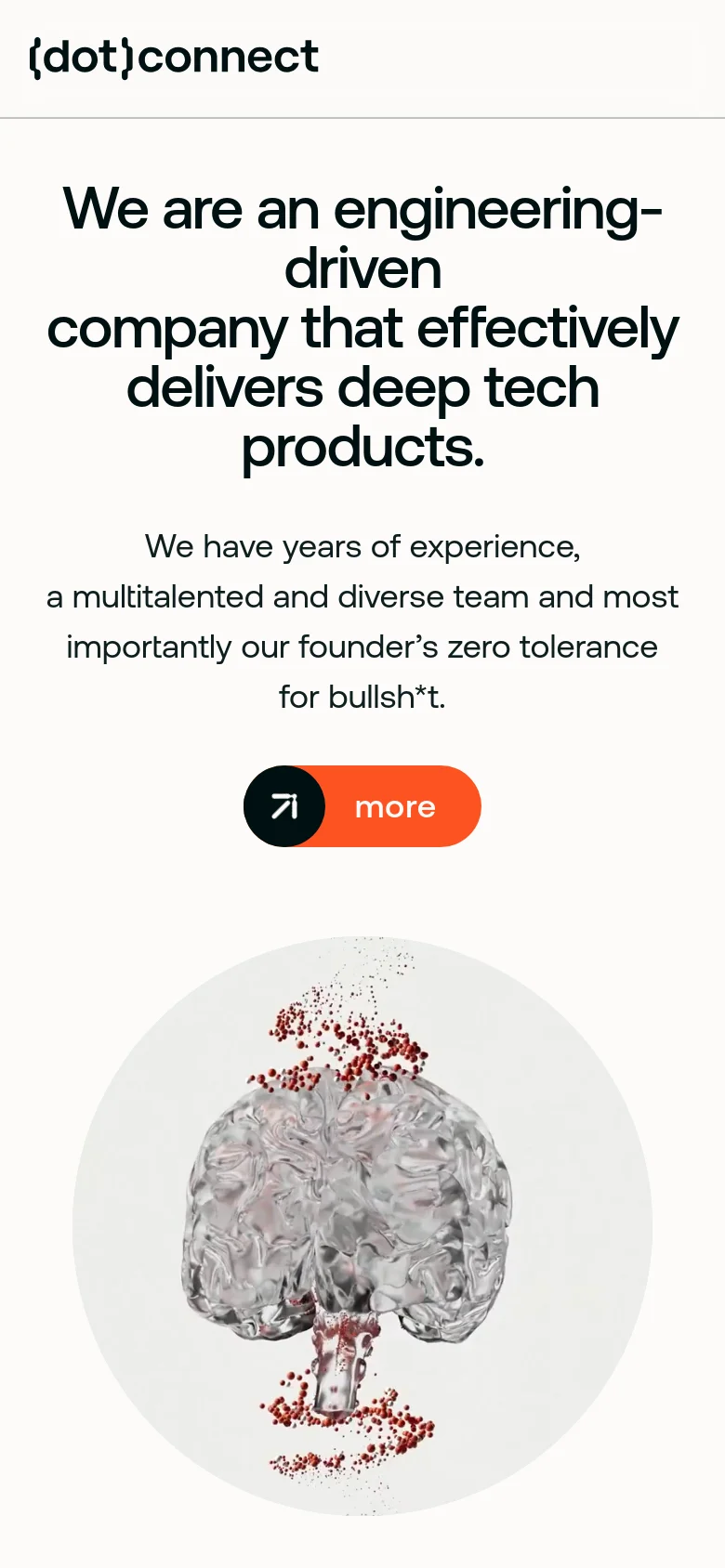 The mobile version presents a vertically stacked layout with the same bold black headline and subtext centered on a white background. The orange 'more' button is centered below the text, and the large circular abstract graphic is positioned below the button, occupying the lower half of the screen.