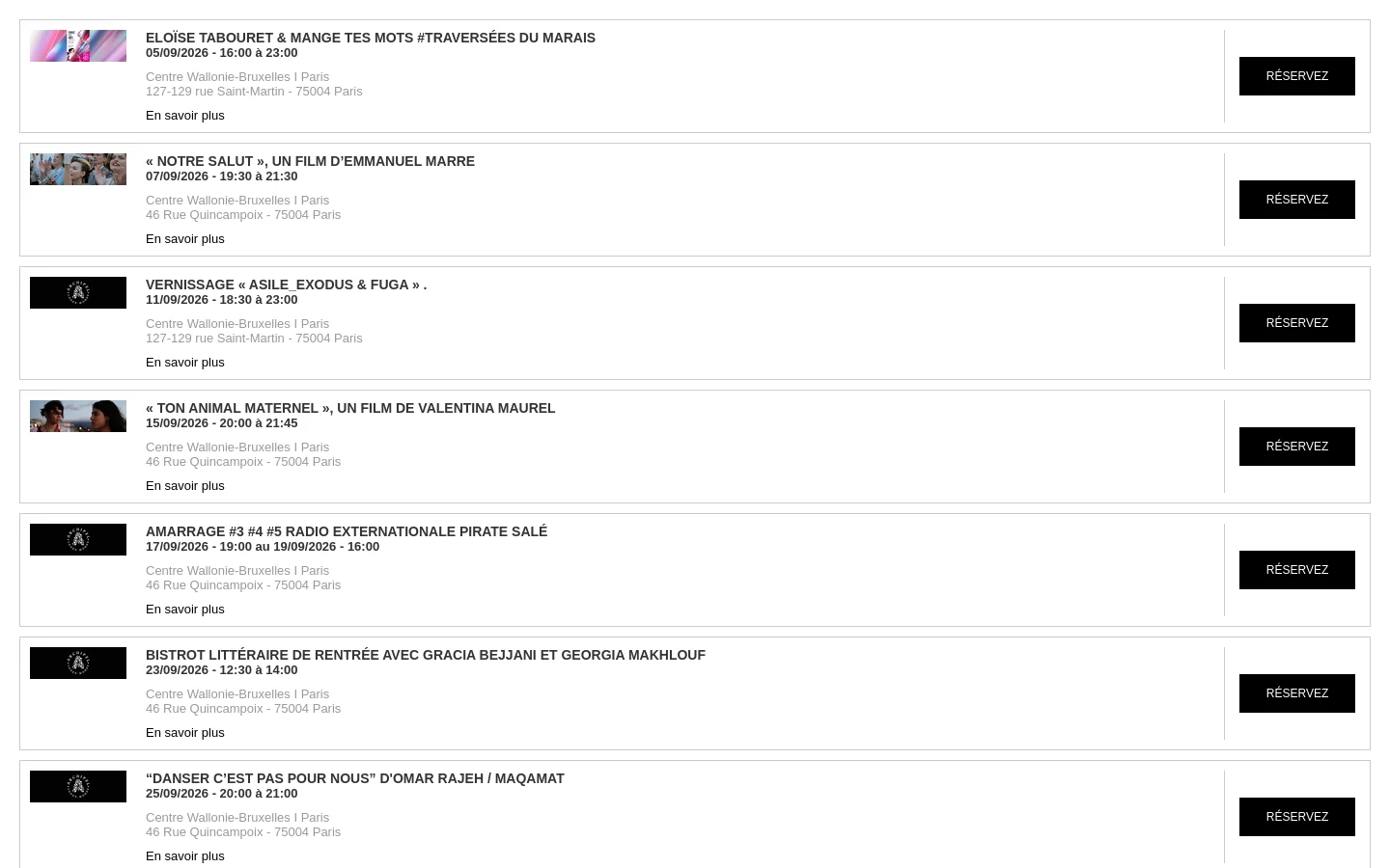 The desktop ticketing page features a large hero section at the top with an event poster for 'Eloïse Tabouret & Mange tes mots' and a detailed description. Below, a vertical list of upcoming events is displayed, each showing a thumbnail image, event title, date, location, and a black 'RÉSERVEZ' button on the right. The layout is clean with plenty of white space and a minimalist aesthetic.