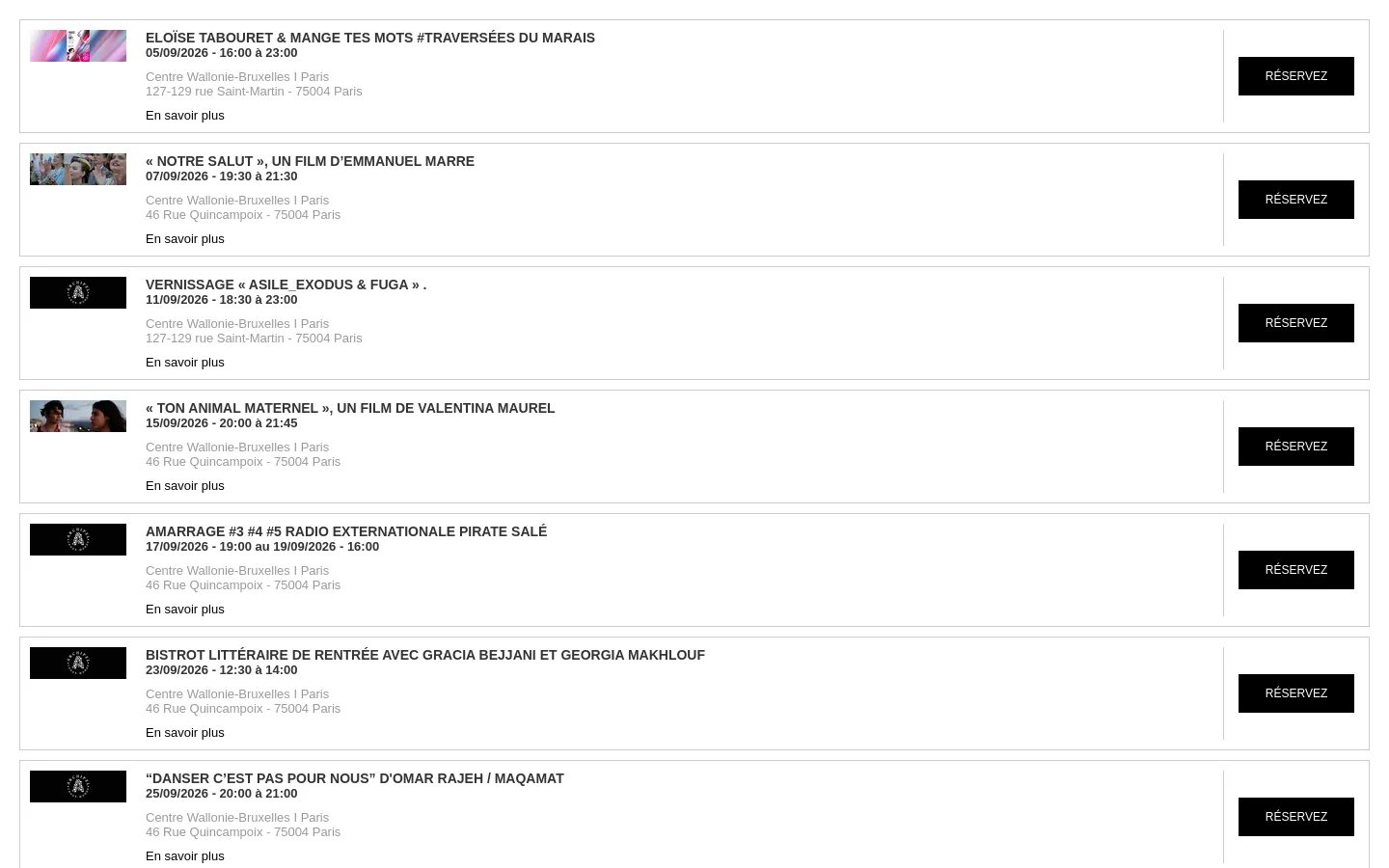 The desktop ticketing page features a large hero section at the top with an event poster for 'Eloïse Tabouret & Mange tes mots' and a detailed description. Below, a vertical list of upcoming events is displayed, each showing a thumbnail image, event title, date, location, and a black 'RÉSERVEZ' button on the right. The layout is clean with plenty of white space and a minimalist aesthetic.