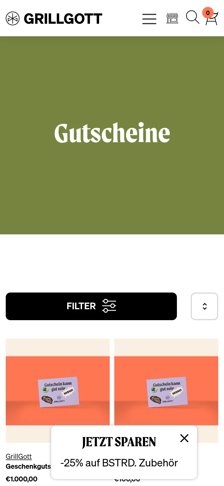 The mobile version shows a simplified layout with a large olive green hero section containing the 'Gutscheine' title. The navigation is condensed into a hamburger menu, and the product filtering is consolidated into a single, prominent black 'FILTER' button spanning the width of the screen. A promotional pop-up at the bottom offers a discount on accessories.