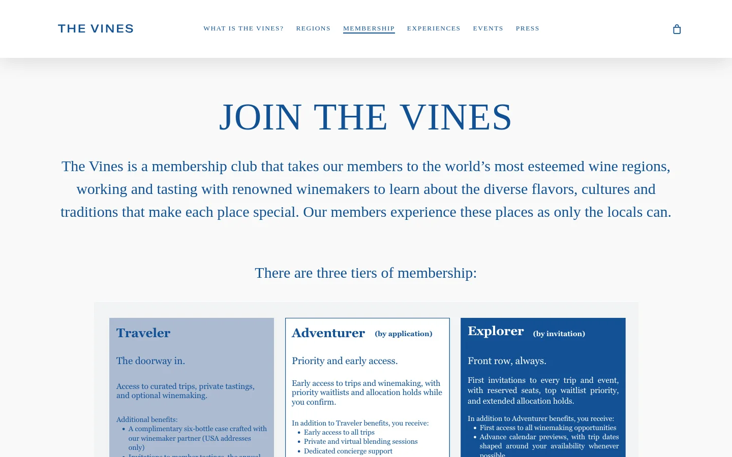 The desktop page features a clean, minimalist design with a white background and navy blue serif typography. A large headline reads 'JOIN THE VINES' above a descriptive paragraph, followed by three side-by-side membership tier cards labeled Traveler, Adventurer, and Explorer. A navigation bar at the top includes links for What is The Vines, Regions, Membership, Experiences, Events, and Press.