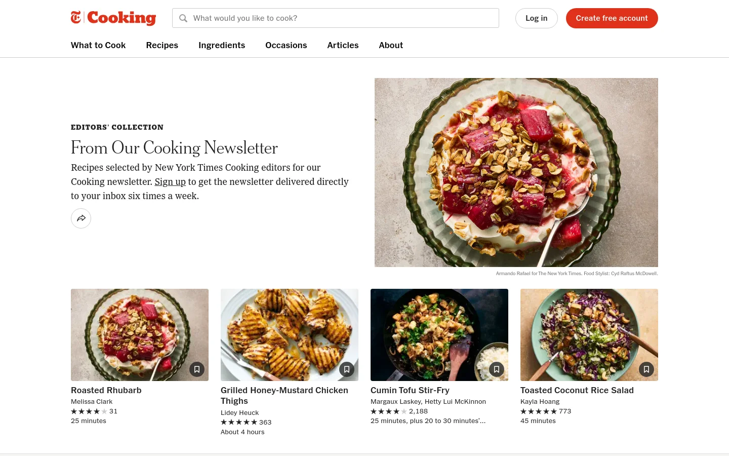 Desktop view of the NYT Cooking newsletter page featuring a large hero image of roasted rhubarb in a green bowl. The layout includes a header with a search bar and navigation links, a text section with a sign-up call to action, and a grid of recipe cards below with images, titles, and ratings.