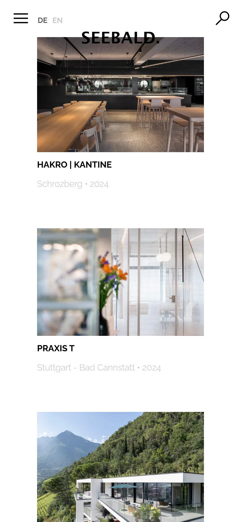 The mobile version features a simplified layout with a top navigation bar containing a hamburger menu, language selector, and search icon. The project grid shifts to a single-column vertical stack, showing large full-width images followed by their respective titles and descriptions, such as 'HAKRO | KANTINE' and 'PRAXIS T'.