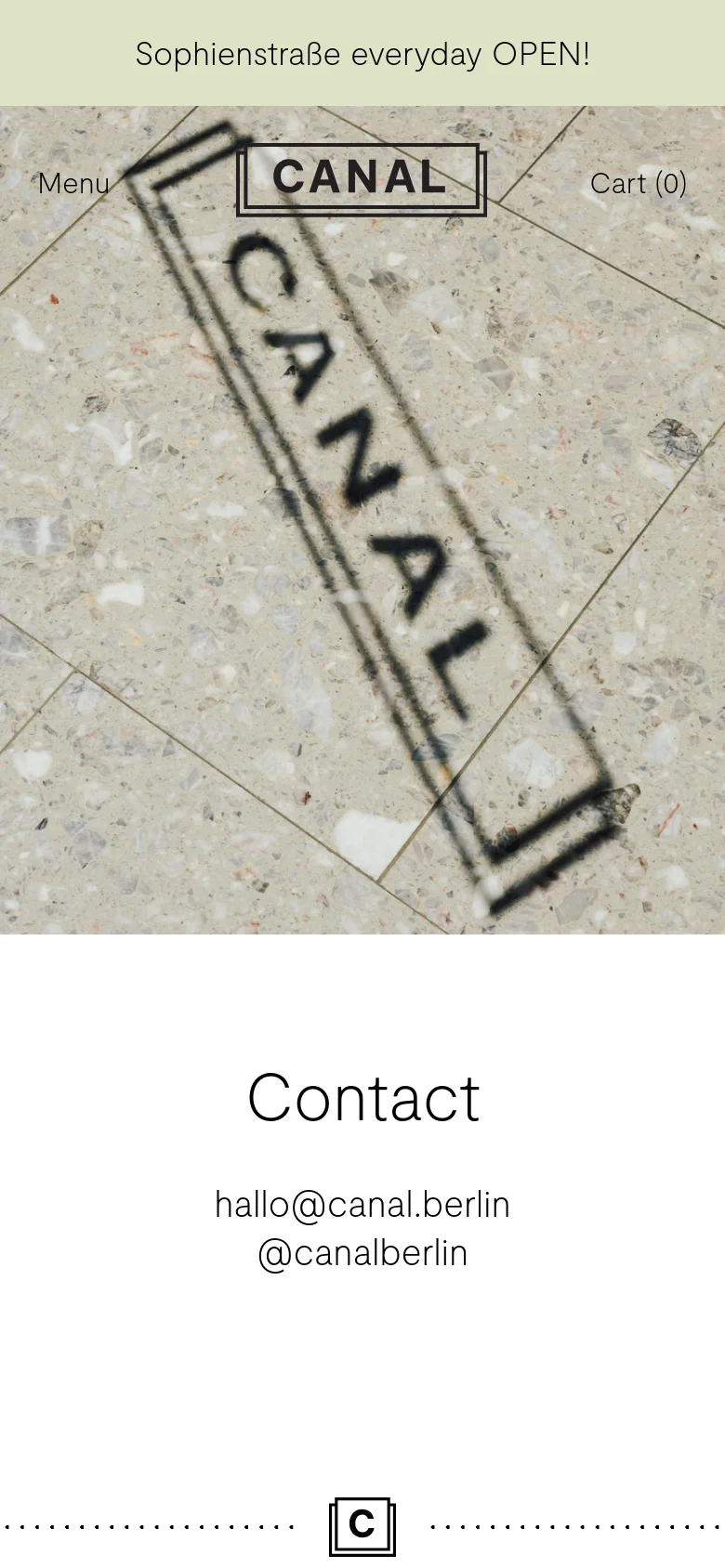 The mobile version uses a stacked layout where the stenciled stone floor hero image occupies the top half of the screen. Below the image, the 'Contact' heading, email, and Instagram handle are centered on a white background. The navigation is condensed into a 'Menu' button and a 'Cart' link at the top.