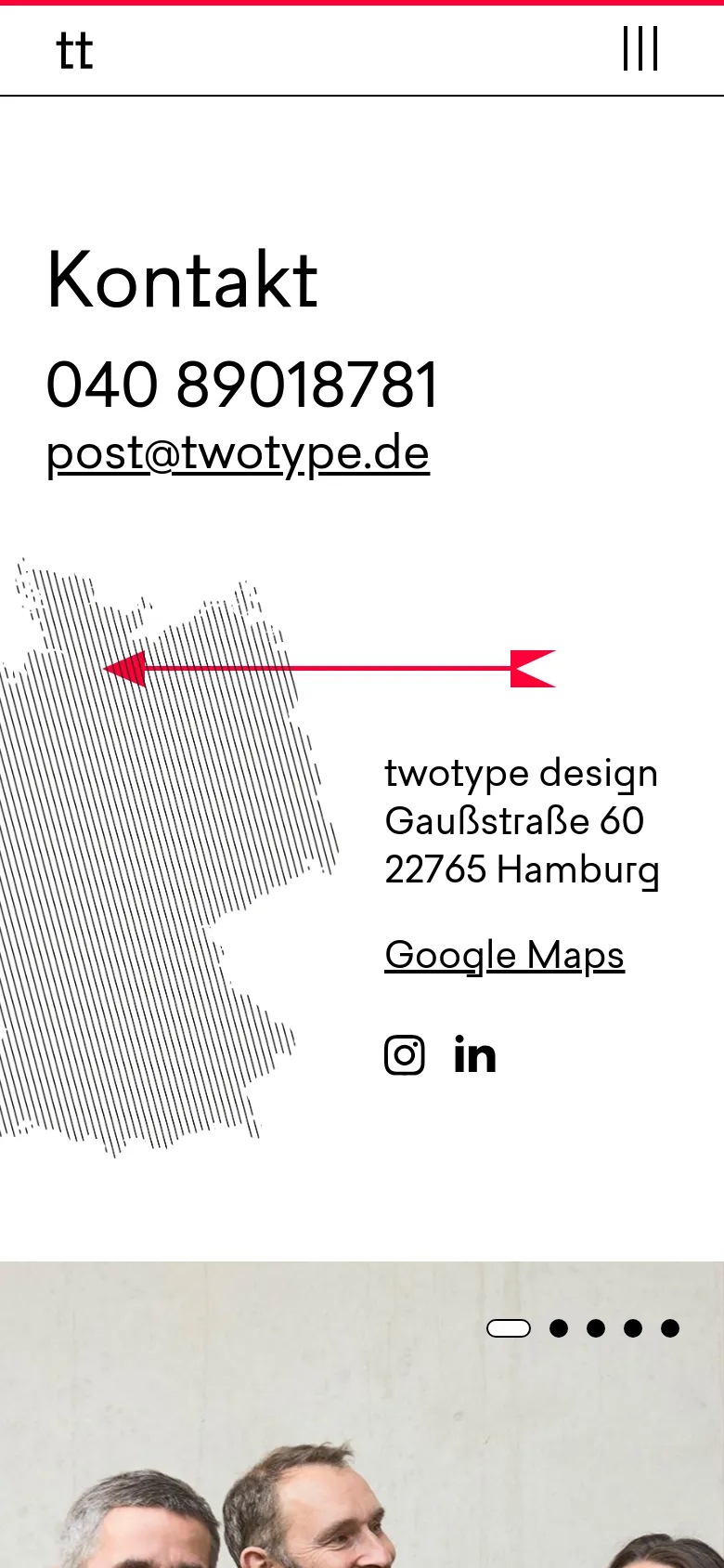 The mobile version presents a vertically stacked layout with the contact information and large text at the top. A stylized black and white map of Germany is positioned on the left, with the address, Google Maps link, and social media icons aligned to the right. The navigation is condensed into a hamburger menu icon in the top right corner.
