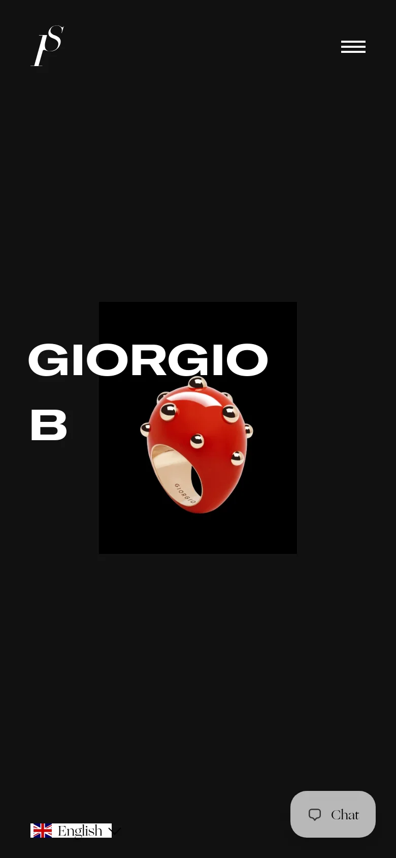 The mobile version maintains the black background and large white 'GIORGIO B' typography, but the layout is vertically stacked. The red Goccia ring image is centered below the text, and the navigation menu and language selector are adjusted for a smaller screen width.