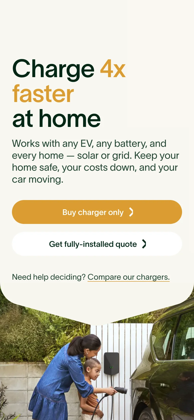 The mobile version uses a vertically stacked layout, starting with a hero image of a woman and child at an EV charging station. The headline and descriptive text are centered above two large, full-width buttons for purchasing or getting a quote. The design is simplified for vertical scrolling, maintaining the same color palette of gold, white, and dark green.