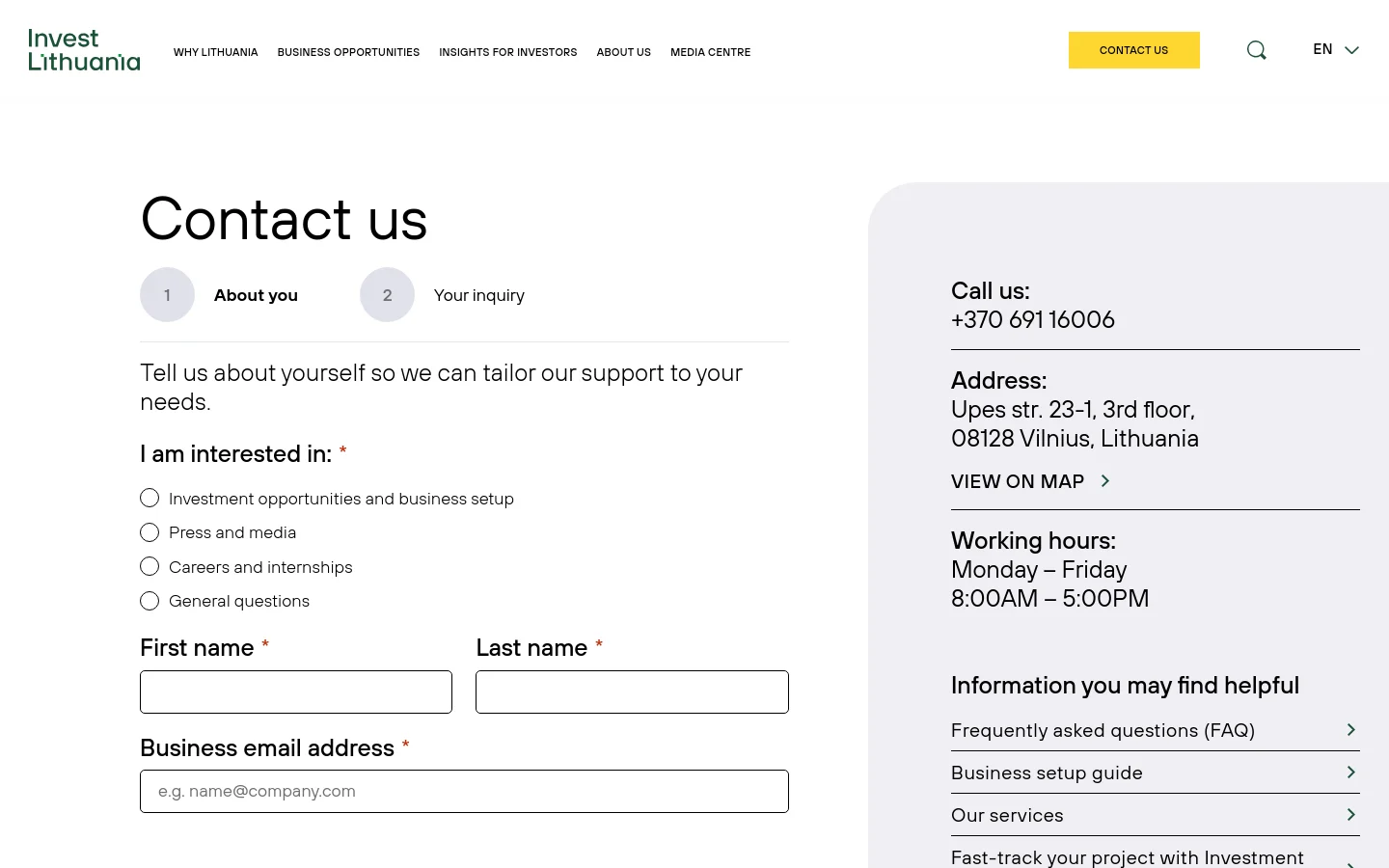 The Contact Us page features a two-column layout with a multi-step contact form on the left and contact details on the right. The form includes radio buttons for interest categories and text fields for name and email, while the right sidebar displays a phone number, address, working hours, and helpful resource links. The design uses a clean white background with dark text and yellow accents for the primary 'Contact Us' button in the header.