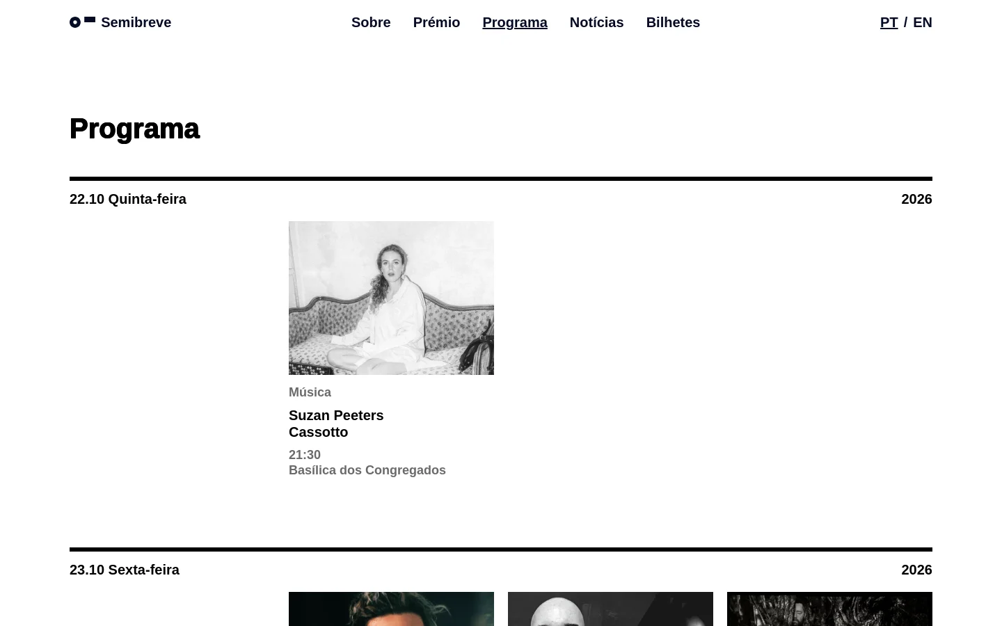 The desktop version of the festival program page features a clean, minimalist white layout with black text. It displays a chronological list of musical events organized by date, with each entry including a large rectangular artist photograph, the event category, artist name, performance title, time, and venue.
