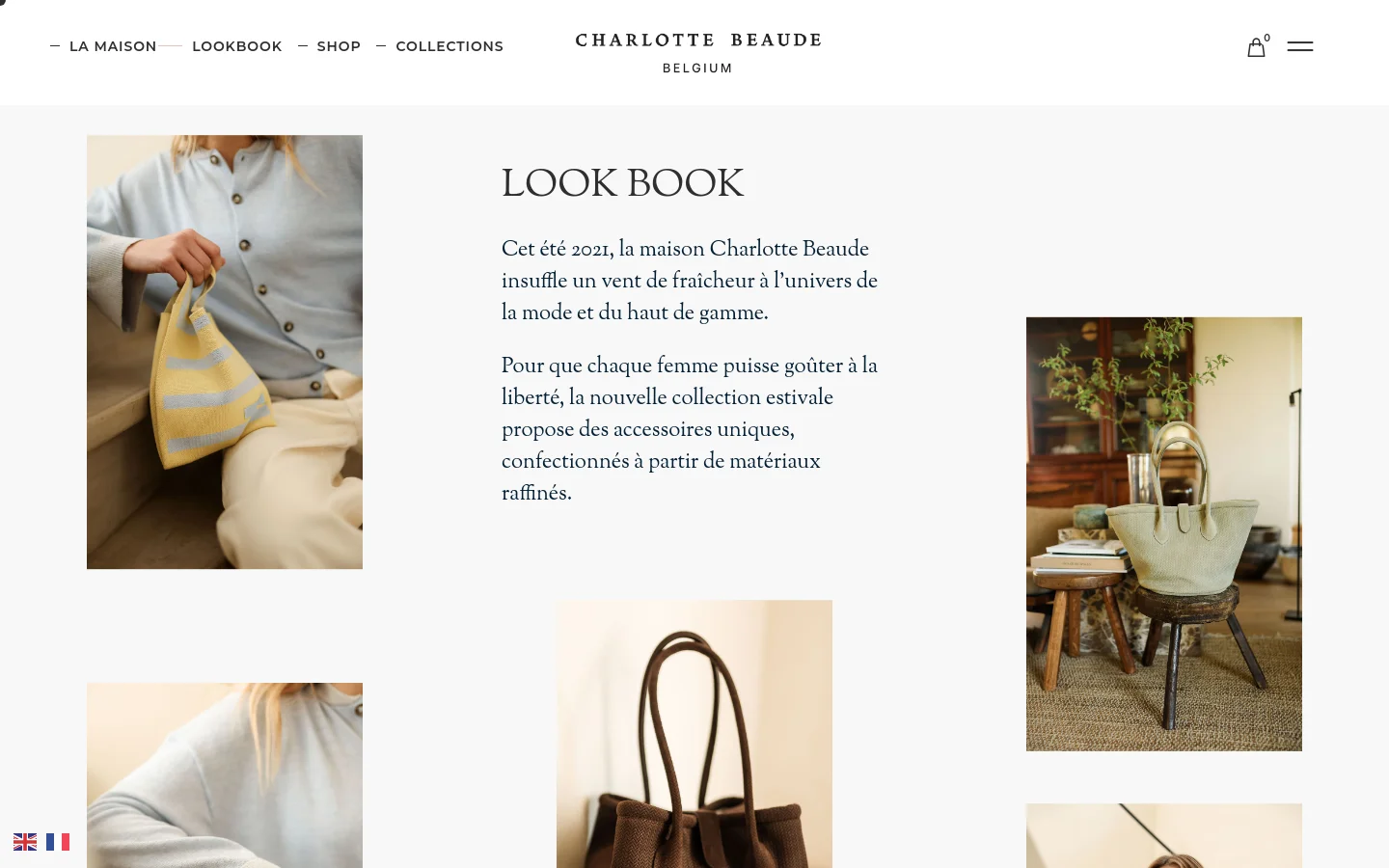 The desktop Lookbook page features a clean, minimalist layout with a white background and elegant serif typography. A large headline 'LOOK BOOK' is accompanied by descriptive French text, surrounded by a grid of high-quality lifestyle images showcasing summer fashion accessories like woven bags. The navigation menu is positioned at the top left, with the brand logo centered and a shopping bag icon on the right.