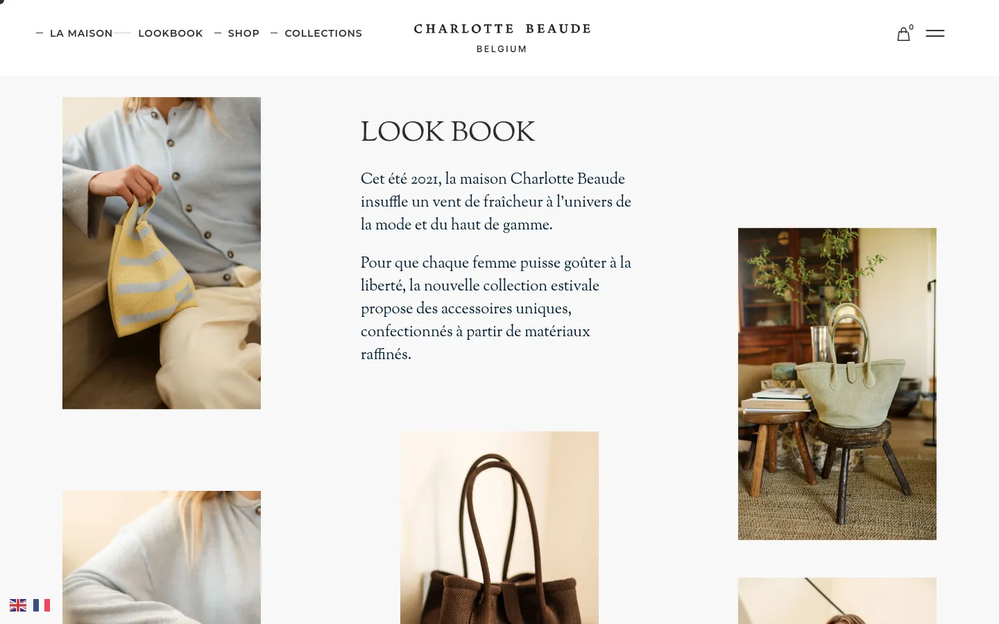 The desktop Lookbook page features a clean, minimalist layout with a white background and elegant serif typography. A large headline 'LOOK BOOK' is accompanied by descriptive French text, surrounded by a grid of high-quality lifestyle images showcasing summer fashion accessories like woven bags. The navigation menu is positioned at the top left, with the brand logo centered and a shopping bag icon on the right.
