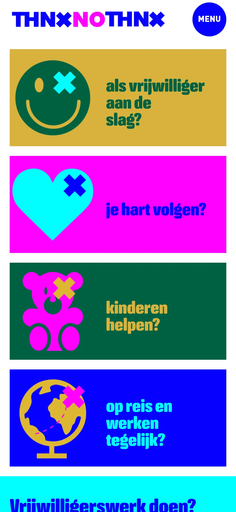 The mobile version maintains the high-contrast branding and logo but stacks the four colorful navigation tiles vertically instead of in a grid. Each tile features a large icon on the left and bold text on the right, optimized for vertical scrolling on a smaller screen.