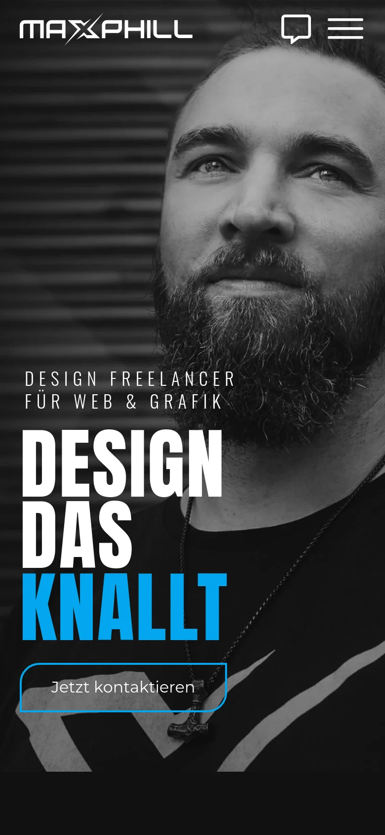 The mobile version maintains the same dark aesthetic and large portrait hero image, but the layout is vertically stacked. The navigation menu is condensed into a hamburger icon, and the headline and blue call-to-action button are centered over the portrait.