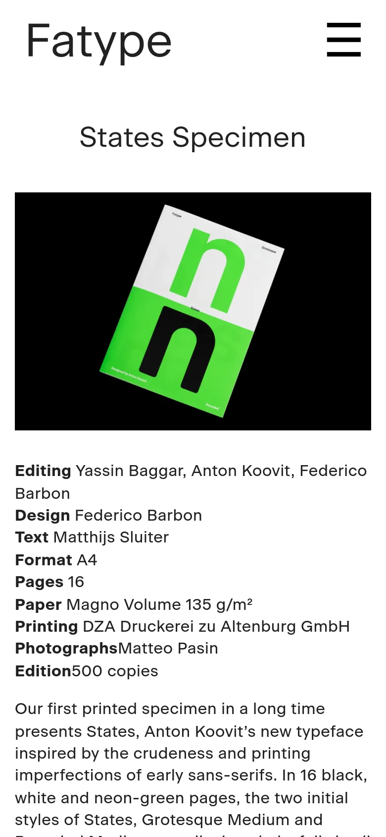 The mobile version simplifies the layout, replacing the top navigation bar with a large 'Fatype' logo and a black hamburger menu icon. The 'States Specimen' headline and the large book cover image are stacked vertically, followed by the product details and description in a single-column format.