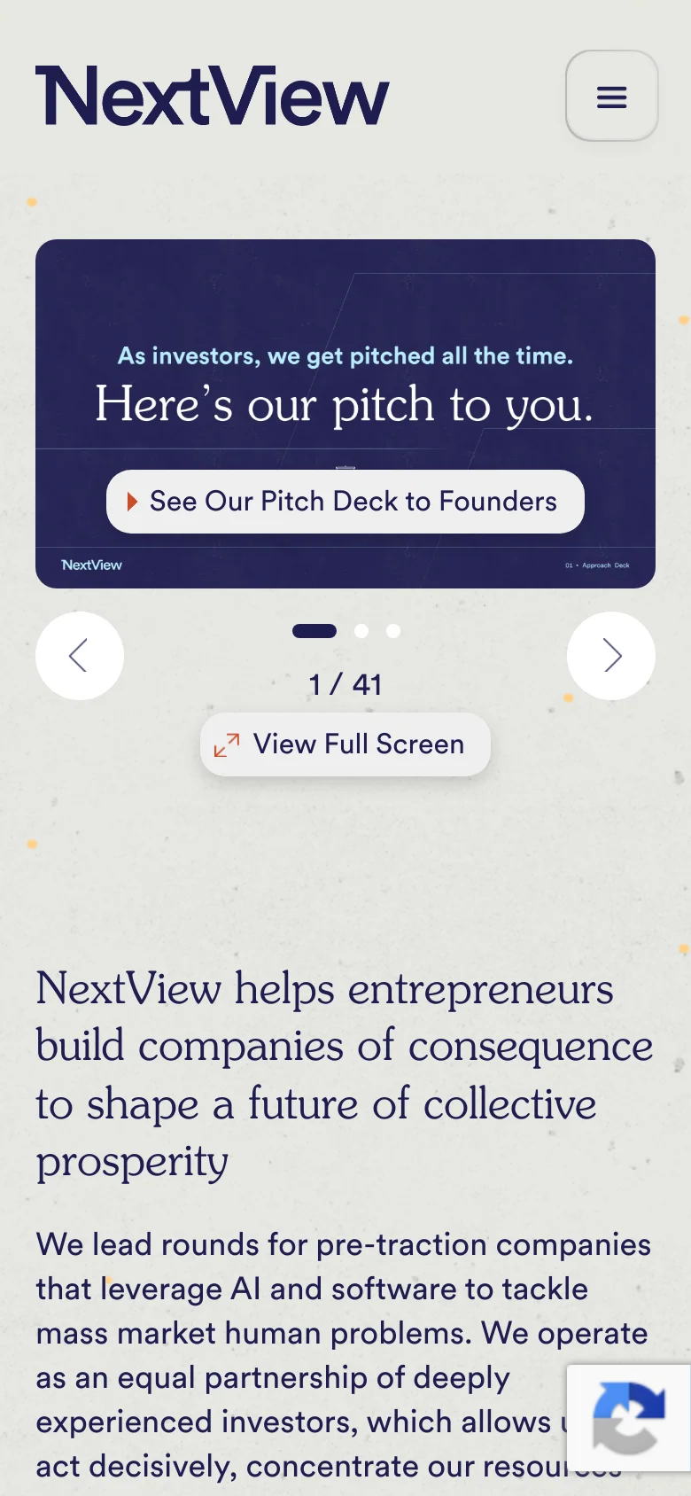 The mobile version maintains the same dark blue hero slider and white typography but scales the elements for a narrower viewport. The 'See Our Pitch Deck to Founders' button and navigation arrows are centered, and the text below the slider is stacked vertically to fit the screen width. The overall color palette and textured background remain consistent with the desktop view.