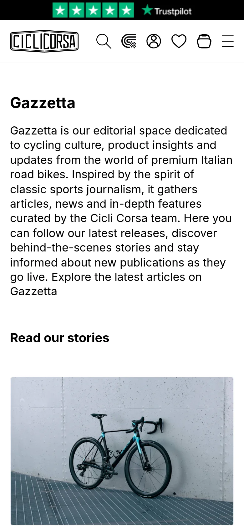 The mobile version features a simplified vertical layout with a hamburger menu icon and condensed header containing the logo, search, and user icons. The 'Gazzetta' headline and introductory text are centered, followed by the 'Read our stories' section where article images and headlines are stacked vertically for easier scrolling on a small screen.