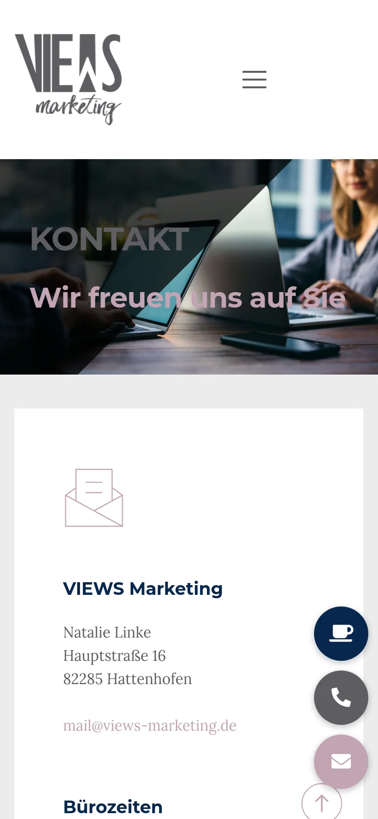 The mobile version features a simplified header with a hamburger menu icon and the company logo. The hero image with the 'KONTAKT' headline spans the width of the screen, followed by a vertically stacked contact information card. Floating action buttons for email, phone, and scrolling to the top are positioned on the bottom right.