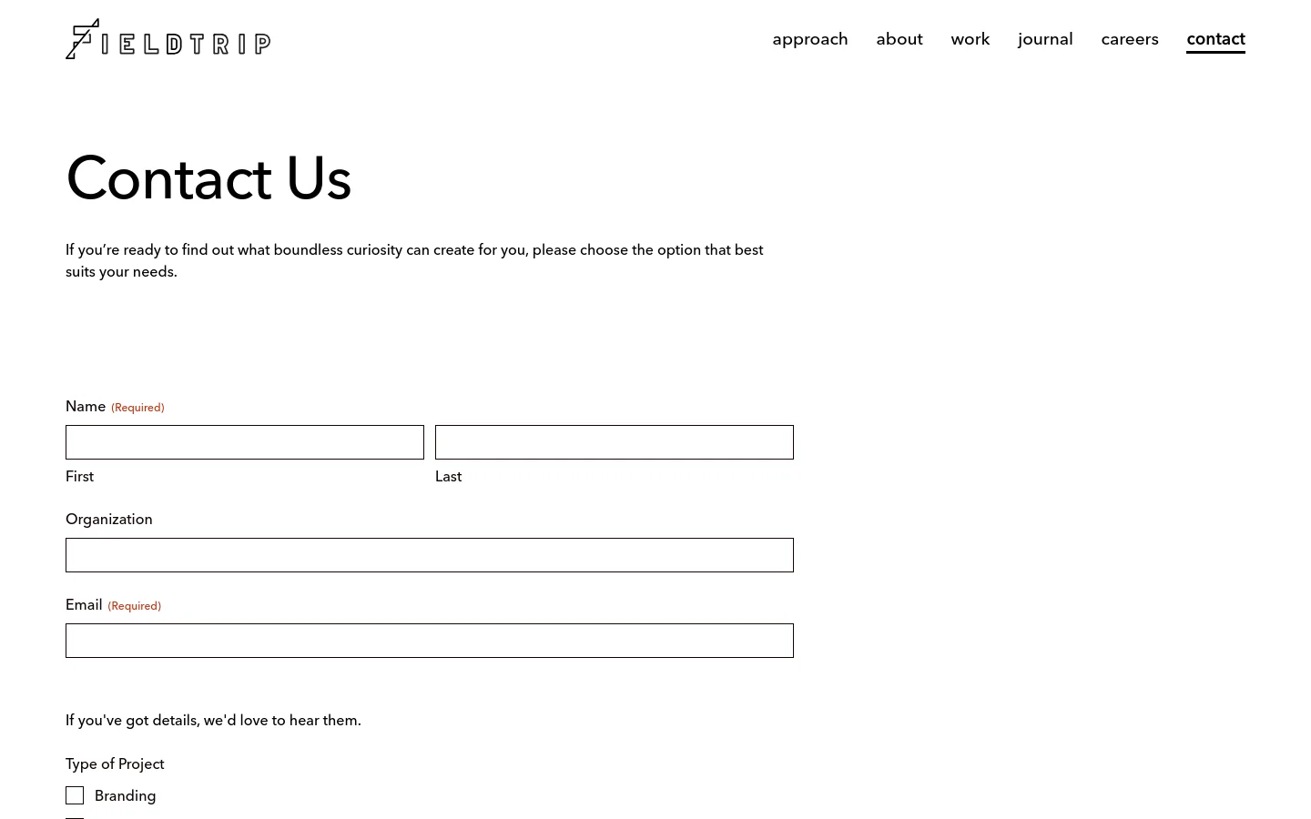 The desktop Contact page features a minimalist white layout with the Fieldtrip logo and navigation menu at the top. A large 'Contact Us' headline is followed by introductory text and a contact form with fields for Name, Organization, and Email. The design uses clean black typography and ample white space.