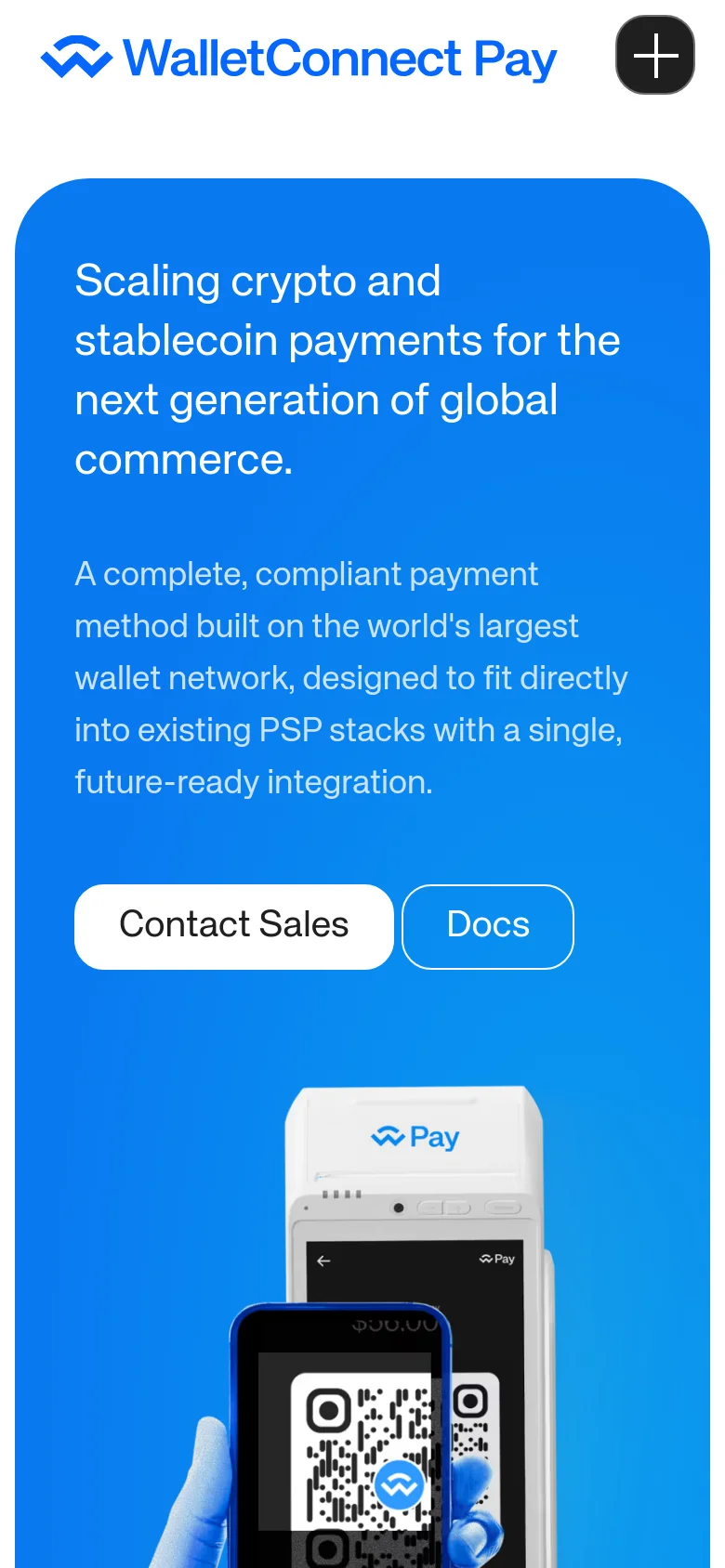 The mobile version presents a vertically stacked layout with a bright blue background. The headline and descriptive text are centered at the top, followed by two large, side-by-side buttons for 'Contact Sales' and 'Docs.' The hero imagery of the hand holding a smartphone with a QR code is positioned below the buttons.