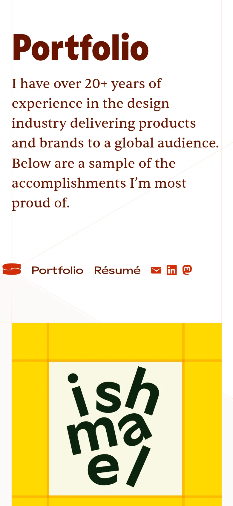 The mobile version maintains the large 'Portfolio' headline and introductory text but transitions to a single-column vertical layout. The navigation menu and social icons are stacked or condensed, and project entries are displayed as large, full-width images followed by their respective headlines and descriptions for easier scrolling.