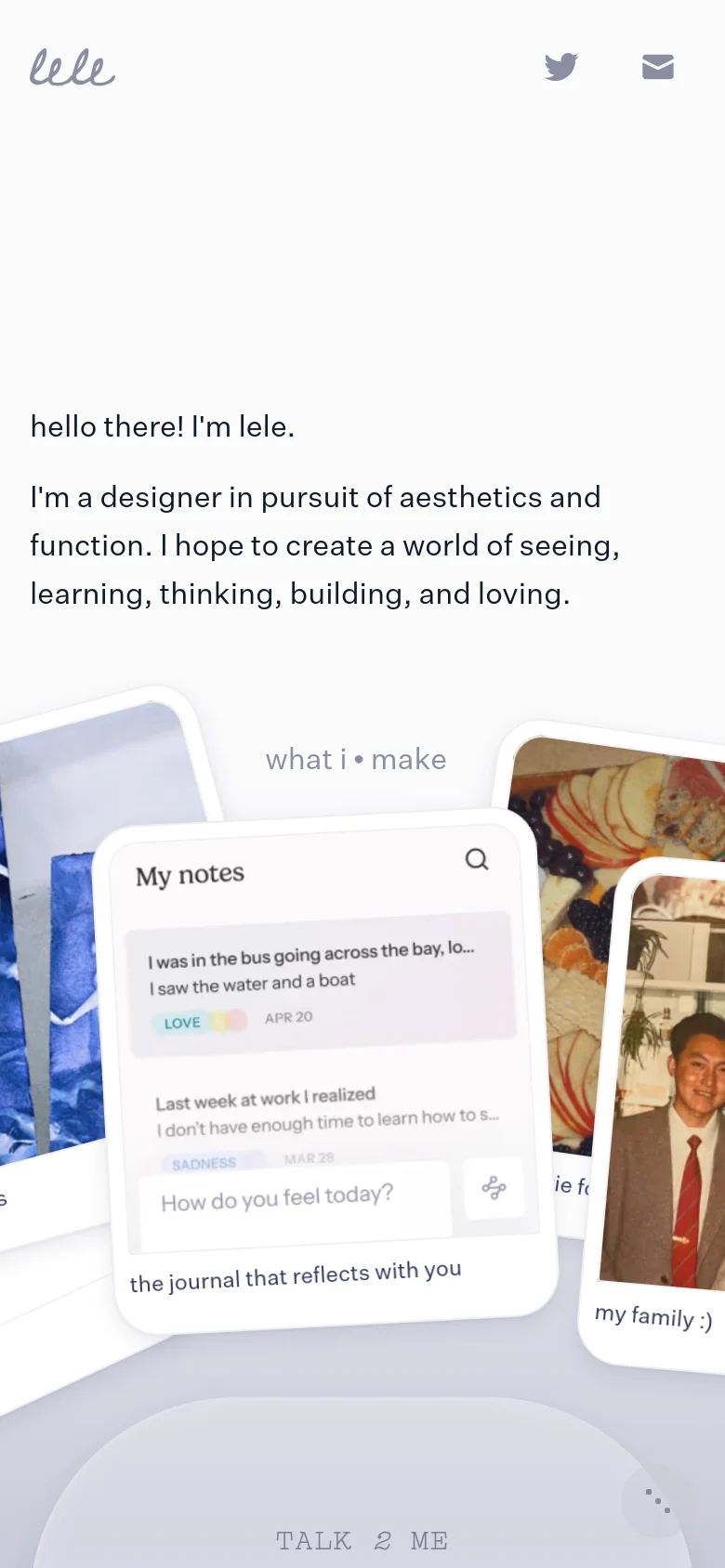 The mobile version maintains the minimalist light gray aesthetic but presents the content in a vertical stack. The greeting and bio are centered at the top, followed by the 'what i • make' section where the image cards are arranged in a single-column, overlapping layout that is easier to scroll through on a small screen.
