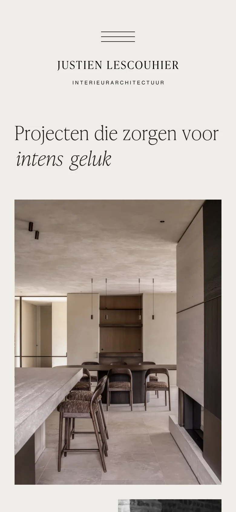 The mobile version uses a stacked layout with a centered hamburger menu icon at the top. The brand name 'JUSTIEN LESCOUHIER' is centered above the main headline, which is followed by a large, full-width image of a contemporary interior design project.