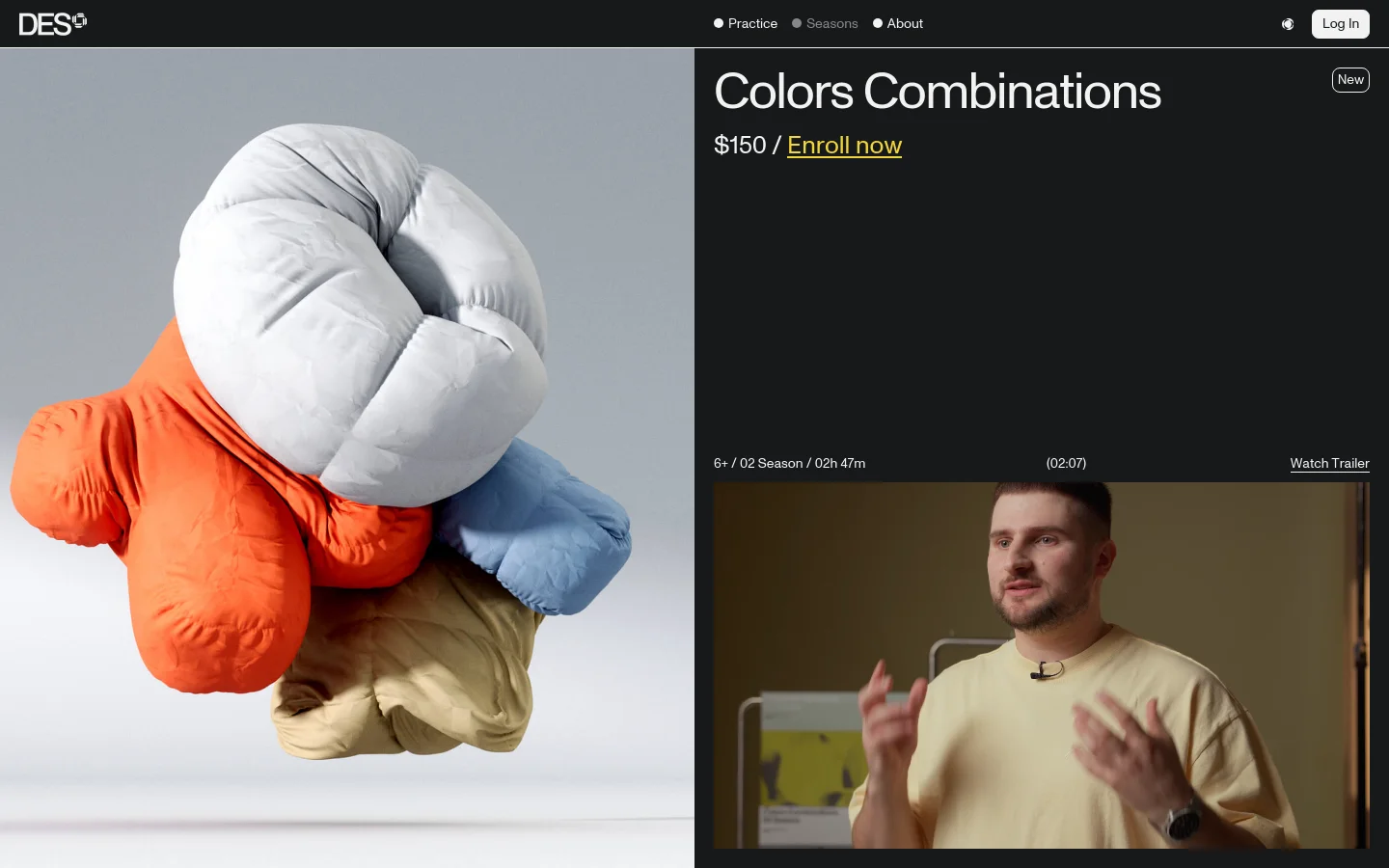 The desktop layout features a split-screen design with a large, colorful 3D abstract shape composed of soft, pillowy textures in orange, white, blue, and beige on the left. The right side has a dark charcoal background containing the headline 'Colors Combinations', a price of $150, an 'Enroll now' call to action, and a video player preview showing a man speaking.
