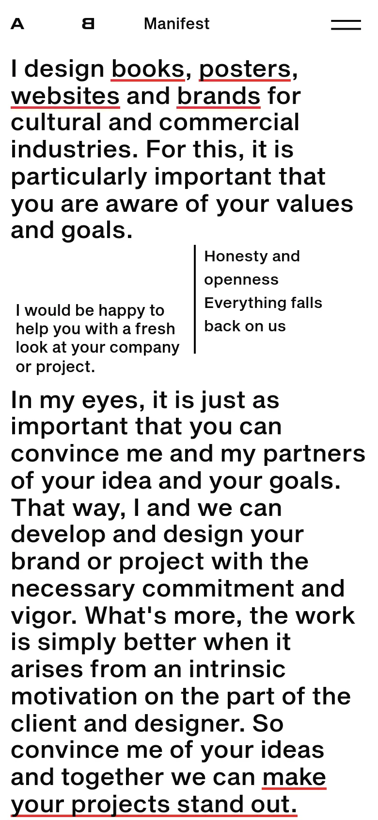 The mobile version uses a single-column layout with large, bold black text on a white background. The headline and main body text are stacked vertically, and the manifest principles are positioned below the introductory paragraph. The navigation is simplified with a hamburger menu icon and the page title 'Manifest' centered at the top.