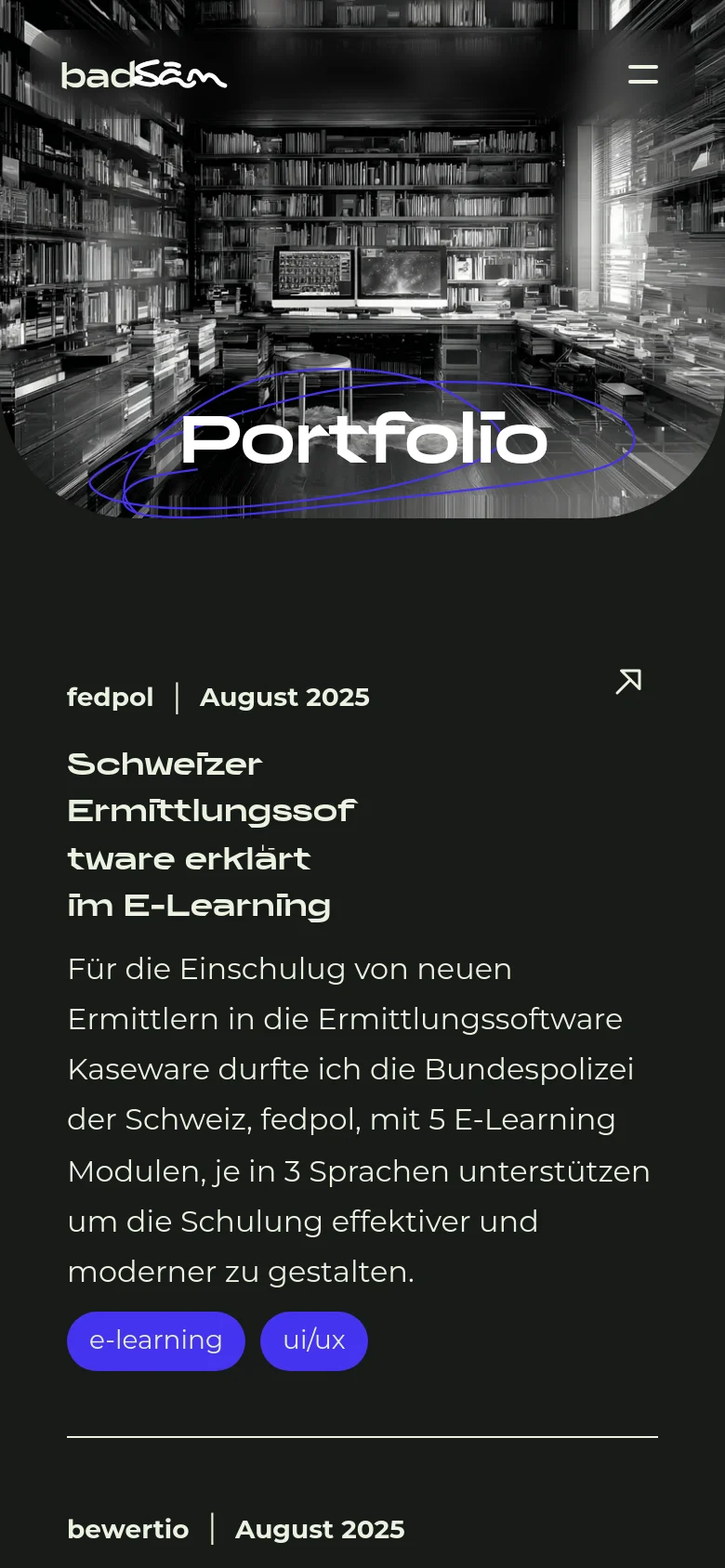 The mobile version maintains the dark theme and vertical layout but optimizes the content for a narrow screen. The hero image is scaled down, and the project cards are stacked vertically, with text and category tags appearing above or below the project images to ensure readability on a smaller display.