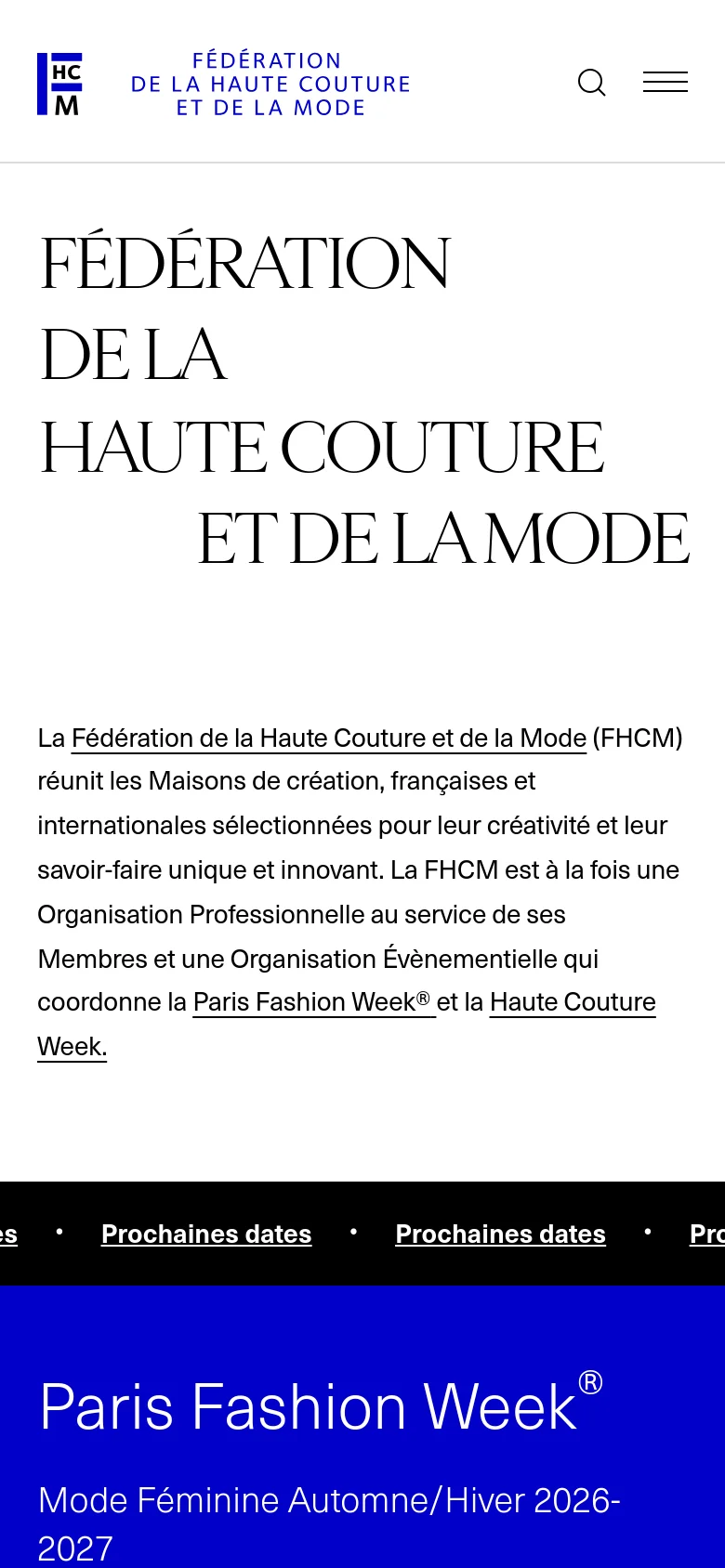 The mobile version maintains the high-contrast black and white theme but utilizes a condensed layout. The large title is stacked vertically, and the top navigation is replaced by a hamburger menu and a search icon next to the logo. The introductory text and upcoming dates section follow a single-column vertical scroll.