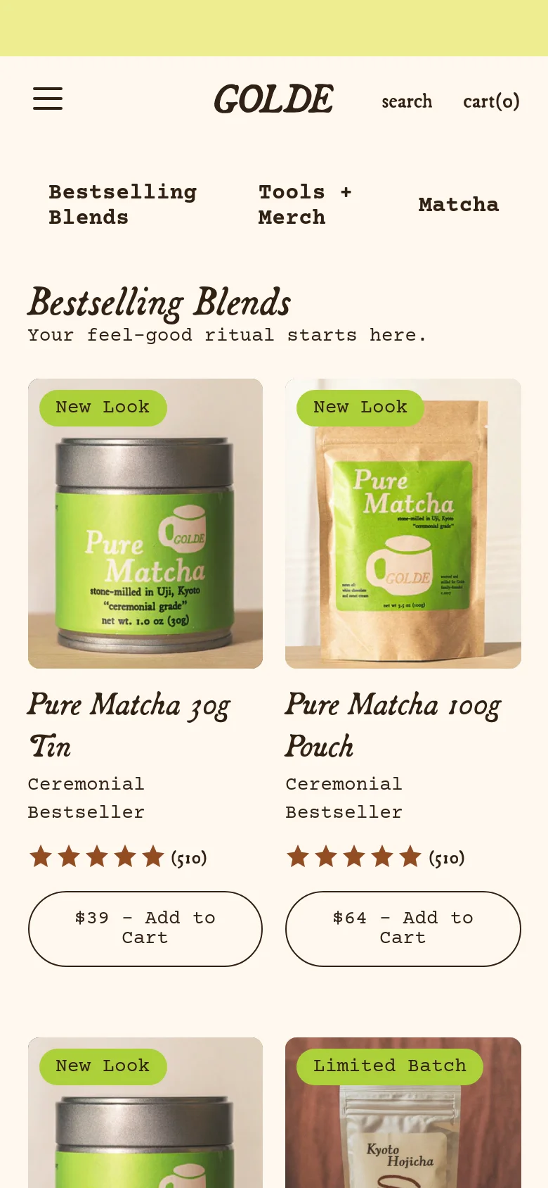 The mobile version uses a single-column vertical layout for products to optimize screen space. The header is condensed into a hamburger menu, a search icon, and a cart icon. Product cards remain prominent, displaying large imagery, titles, and wide 'Add to Cart' buttons that span the width of the screen.