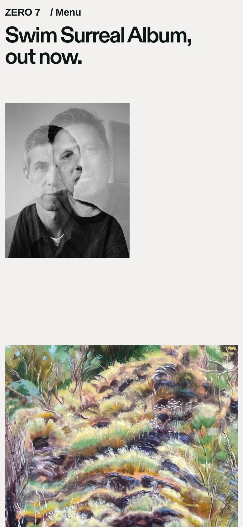 The mobile version uses a single-column vertical layout optimized for small screens. The headline 'Swim Surreal Album, out now' appears at the top, followed by the black and white portrait, and then the colorful landscape image below it. A simplified menu icon is located at the top right.