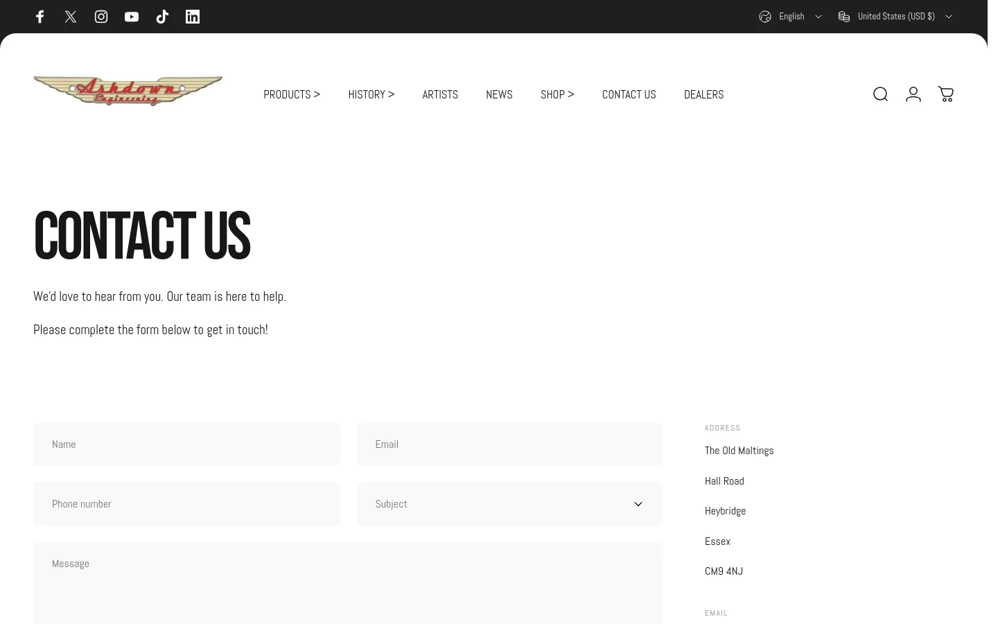 The desktop Contact Us page features a clean white background with a large, bold black headline. A contact form with fields for Name, Email, Phone number, Subject, and Message is positioned on the left, while company contact details including address, email, and phone number are listed on the right. The navigation bar at the top includes the Ashdown Engineering logo, menu links, a search icon, a user icon, and a shopping cart icon.